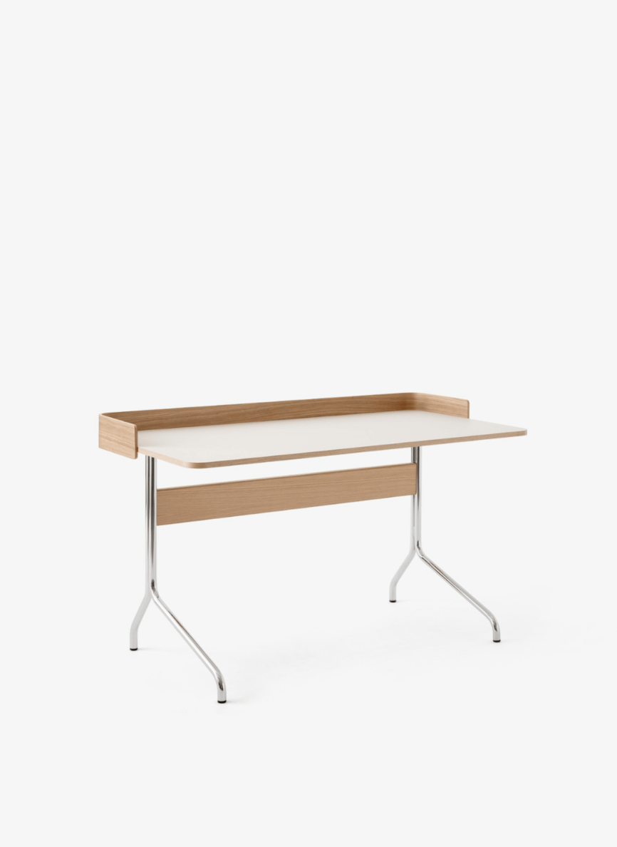 AV17 Pavilion Desk, Mushroom Linoleum (4176) w. lacquered oak & chrome base